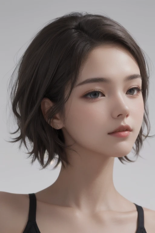 Natural Skin,(close:1.0) photograph (young:1.0) woman, (Oily skin:1.0), (diagonal angle shot:1.0), (Slick Undercut Hair:1.2), (8K Ultra HD:1.0), (highest quality:1.0), (masterpiece:1.0), (Sharp focus:1.0), (Basic Gray Background:1.0),