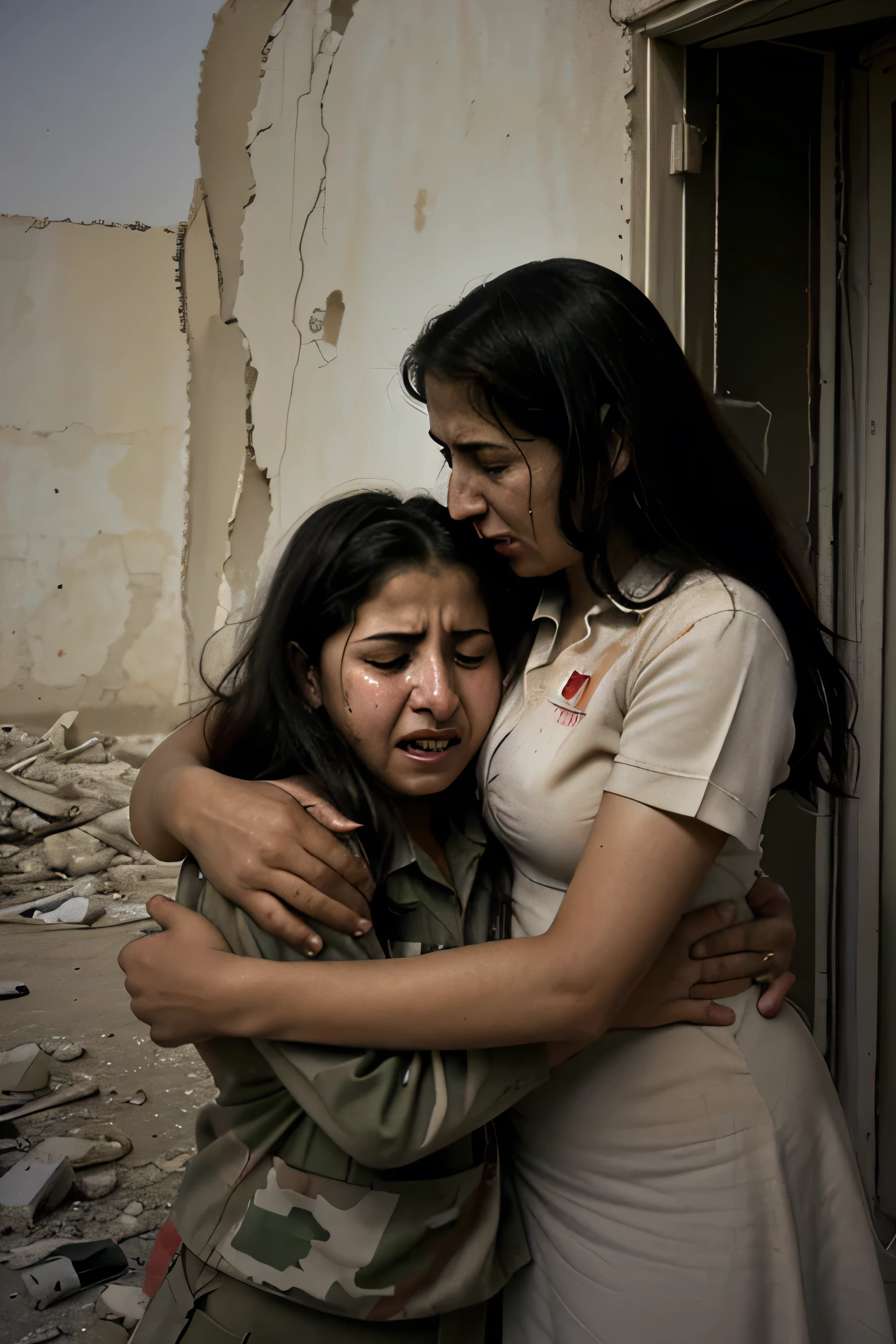 Irak, mother and daughter hugging crying the death of their little brother in the war, edificios destrozados