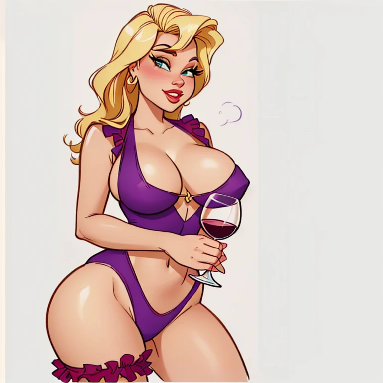 4k, Comic Babes, cartoon of a woman in a purple bikini holding a glass of wine, she holds a glass of wine, enjoying a glass of wine, hot blonde woman in the wine cellar, megara, with a bottle of wine, body pinned up, holding a glass of wine, drinking wine, holding a glass of wine, Cartoon character, inspired by Tex Avery, inspired by Tina Blondell