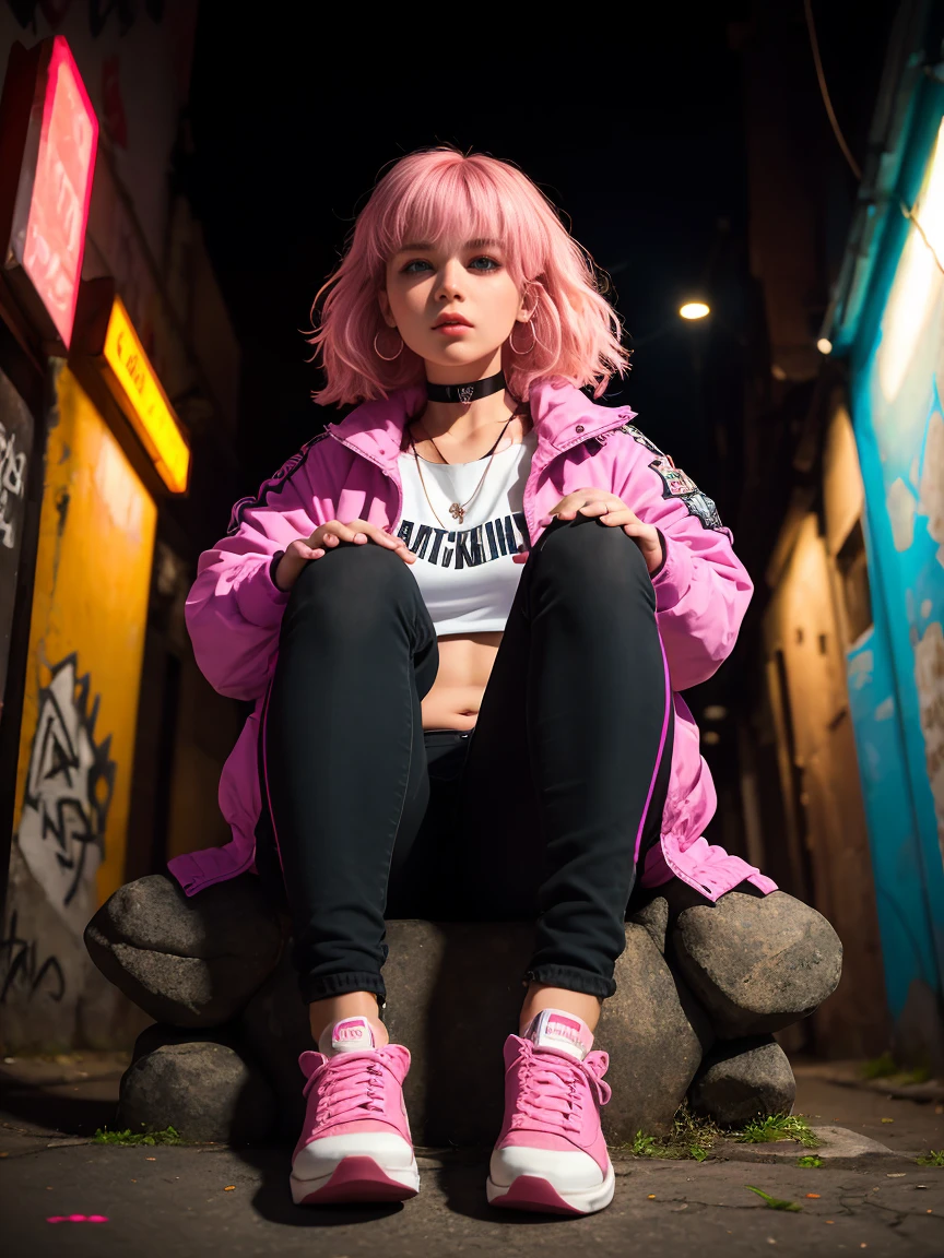 (Masterpiece, Best Quality, 1girl, solo, intricate details, chromatic aberration), Realistic, ((Middle Breath)),hairlong, pink hair, Decoration on a red head, Pink highlights, hair above one eye,violet eyes, earings, sharp eyes, Choker, neon shirt, open jacket, crop-top, (symmetry eyes),(perfect symmetrical body),sitting on a stone, Pursed knees, Holding his leg with his hand, Hand at the bottom, graffiti, dim lighting, alley ,Look at the viewer, (intricate details:0.9), (hdr, hyperdetailed:1.2), (natural skin texture, hyperrealism, soft light, sharp)