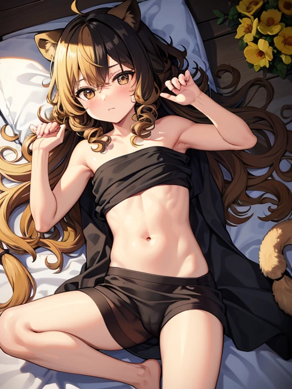 boy, small black , black, brown, with curly yellow hair, curly blondes and an innocent look; naked boy top, lion ears, Lion's tail,