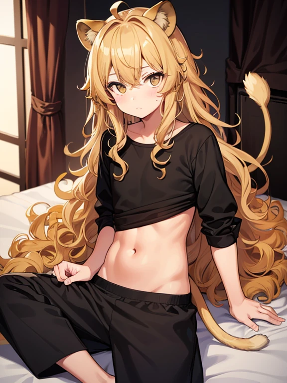 boy, black , black, brown, with curly yellow hair, curly blondes and an innocent look; naked boy top, lion ears, Lion's tail,