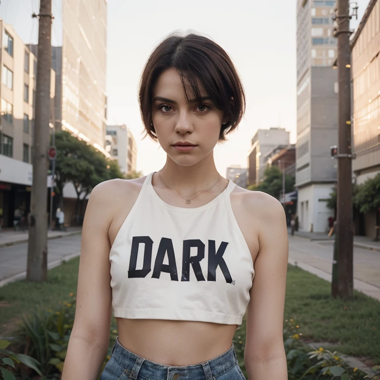 a fashion lookbook portrait of a female casual 20 yo wearing a yellow crop top with typography on it, pale skin, short black hair, experimental, shot on kodak professional medium format film, liminal park background in, DarkRed, (moonlight:1.05), (dawn|dusk:1.05), (summer|light:1.05), 1girl, (upper body:1.4), 