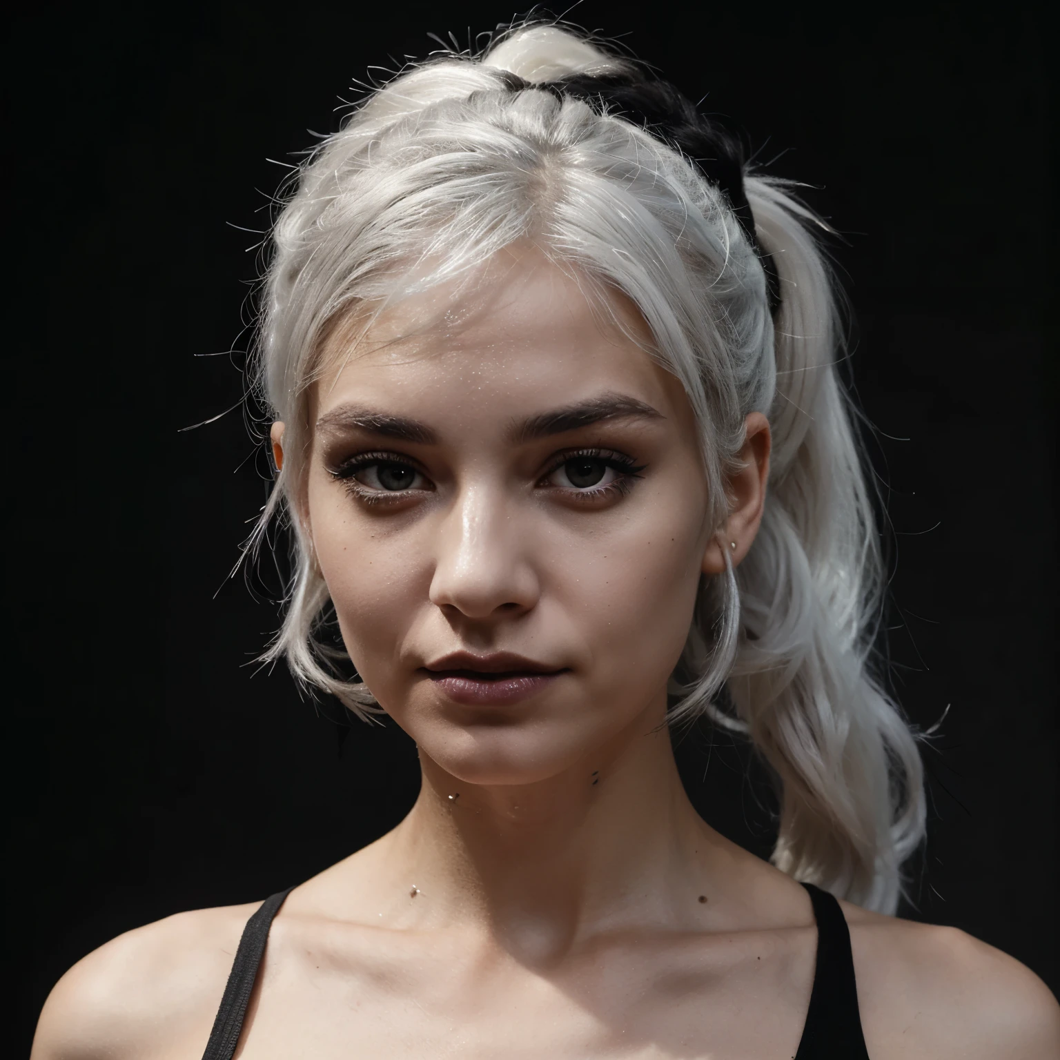 a slim 25-year-old woman with a ponytail of white hair and a haggard face with black shadow on the eyes and black lips derred of          black