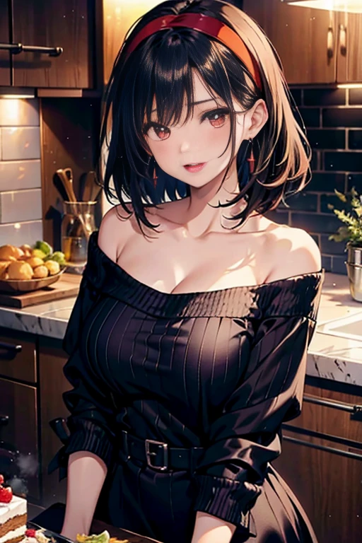masterpiece, yor, 1girl, Amazing Cleavage:1.3, thin waist, big ass, Raised sexy, medium breast: 1.8 posed cleavage:1.2、solo, looking at viewer, open mouth, have a cup of orange juce,black hair, red eyes, dress, bare shoulders, jewelry, collarbone, sidelocks, hairband, earrings, indoors, off shoulder, :o, sweater, arms behind back, plant, short hair with long locks, white hairband, off-shoulder dress, sweater dress, off-shoulder sweater, red sweater, big side hair, very long side hair,is rendered in (masterpiece: 1.2, best quality), with (ultra high resolution) and an exquisite (depth of field). This masterpiece is not only visually stunning but also tells, make of cake cooking ,in the kitchen
