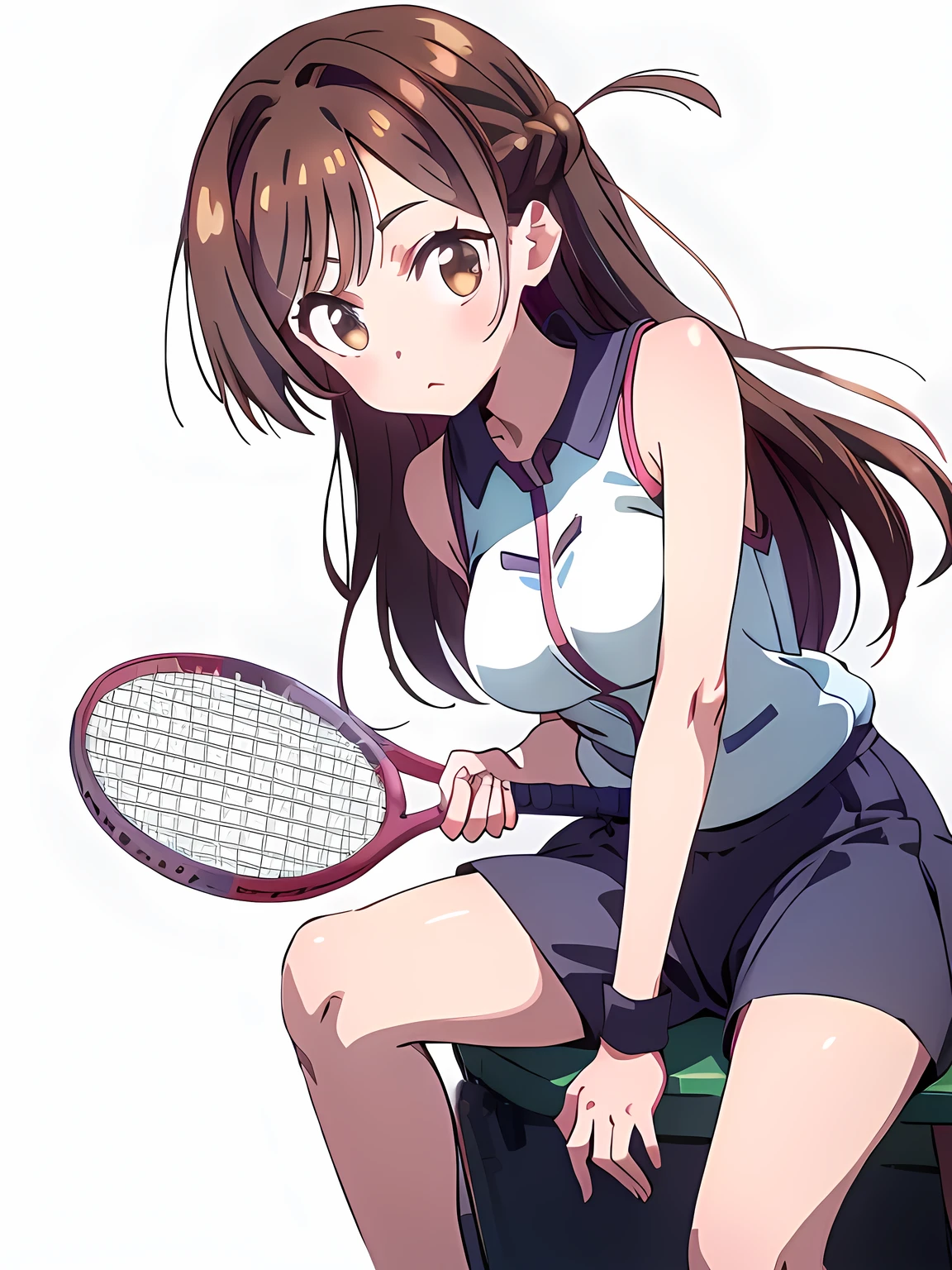 chizuru mizuhara, holding a tennis racket, sitting, looking at the screen, super cute
