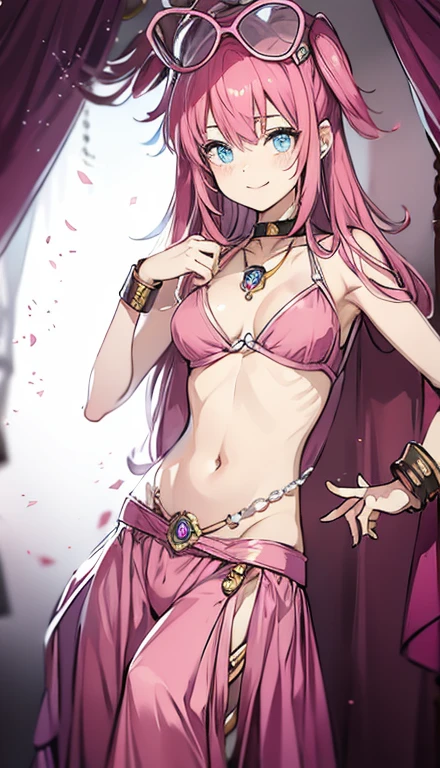 A smug narcissistic pink haired woman wearing a pink bra and blue pants and lots of jewelry flaunting herself