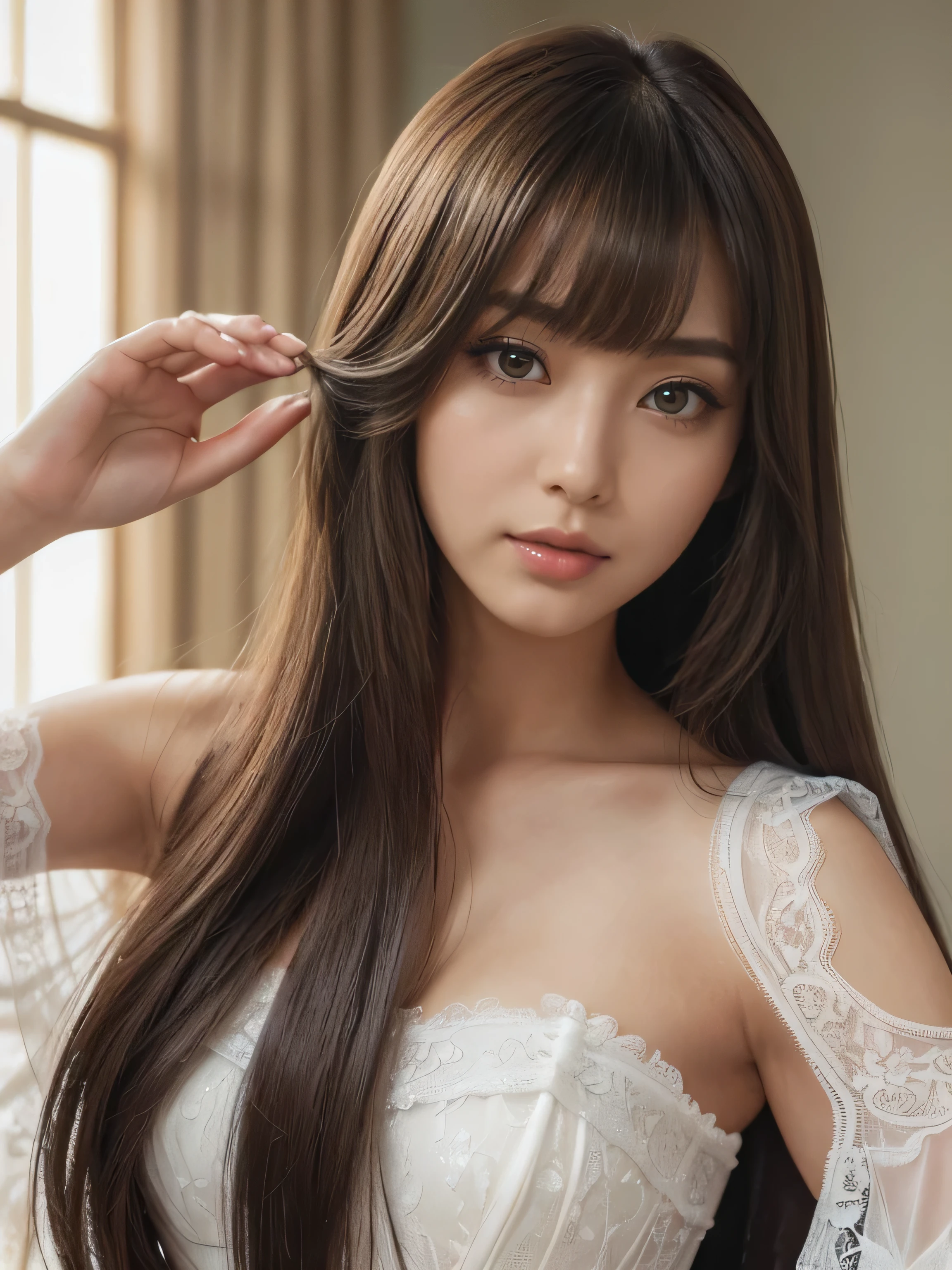 　((Full Shot:1.3))　(big 1.4)　((highest quality)), ((masterpiece)), (Get used to it), Perfect Face　(1 girl)　(Japanese)　(She is 24 years old、The most beautiful fantasy girls in Japan)　((highest quality)), ((masterpiece))　((Her amazingly straight, waist-length, highest quality hair is very shiny and glossy and has a lot of volume and shine and the best details are in her deep blonde hair.))　(Her bangs are beautiful and lush:1.3)　(She has perfect beautiful makeup　Lipstick is light red　The eyeliner is a beautiful black)　Anatomically correct hand　Thin fingers　5 anatomically correct fingers　Beautiful Japanese girl face, (Long Hair shiny Long Hair, length, Shiny Dark blond hair, length, Her hair is long and straight, Super Long Hair girl, Silky Hair, Silky Hair, length, Flat Hair, Silky texture, Long Hair, length, Flowing, Dark blond hair, Shiny Hair)　Anatomically correct、Beautiful white human skin with detailed illustration of hand and fingers　Beautiful Eyes　Mouth Details　the corners of the mouth rise slightly　Cool look　　(The eyebrows are dark brown in color)　　(She is wearing a fantasy pure white lace gown dress and healing spellcaster gear..:1.5　She is wearing a gorgeous white Victorian dress:1.I&#39;wear 5..)　(This is a forest in a fantasy world.)　(She has a big magic wand、Magic chanting pose:2.0)　(Open your mouth:1.3)　(She turns to the viewer and smiles sweetly....)