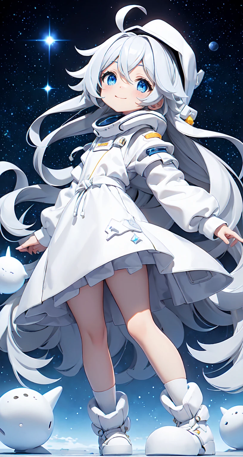 (Shiny skin), White hoodie, Black Skirt, Straight hair, Princess Hairstyles, Ahoge ,White long knee socks,smile,(highest quality, masterpiece), 1 girl, Long Hair, Gray Hair, Starry Sky, Long Hair, (Clear bright blue eyes), Ahoge, idiot girl, Black and white dresses, (space)), low length, Soft Light,