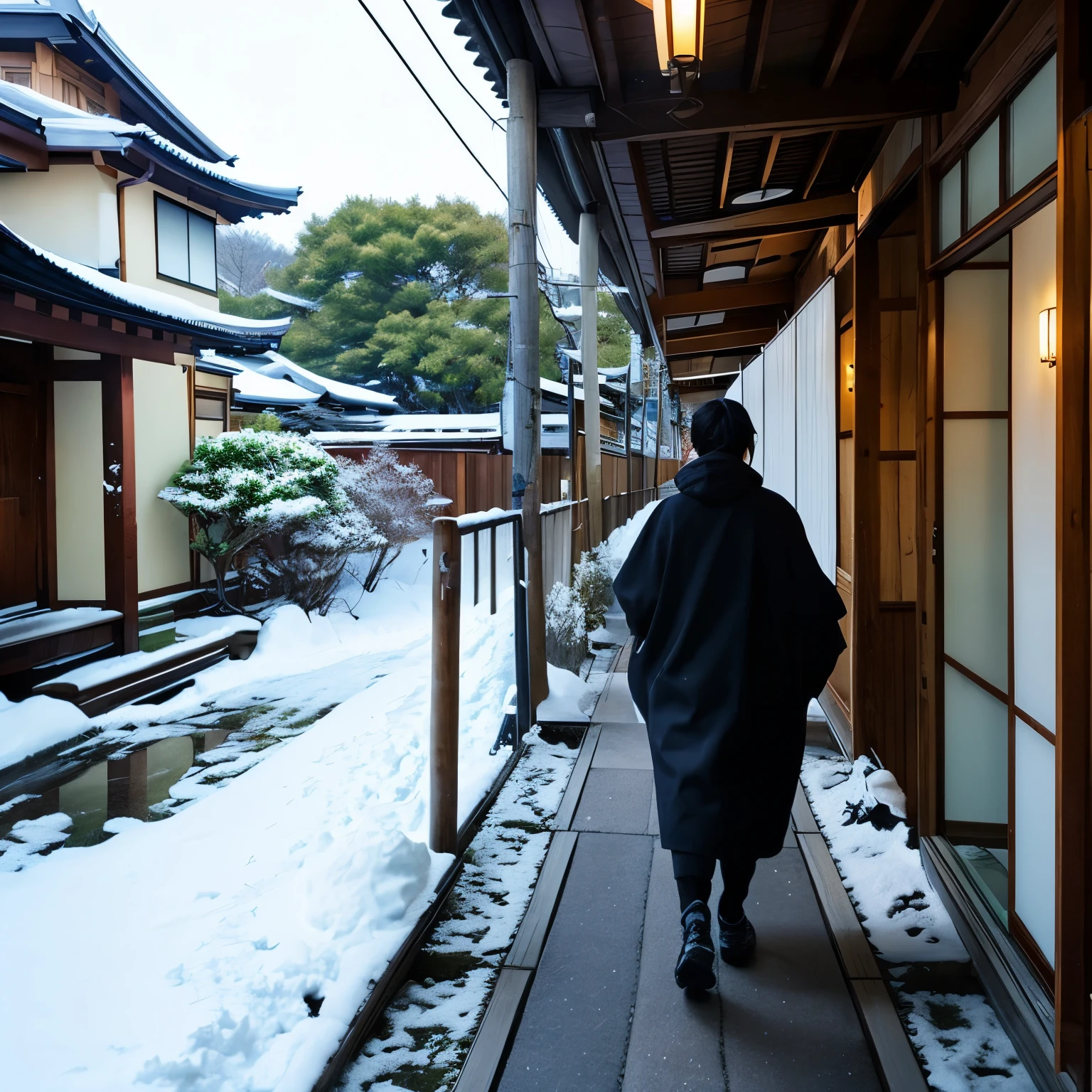 Kyoto in the harsh winter、Arashiyama、Freezing、Let it snow、A large amount of fine snow particles、Looking outside from the corridor、