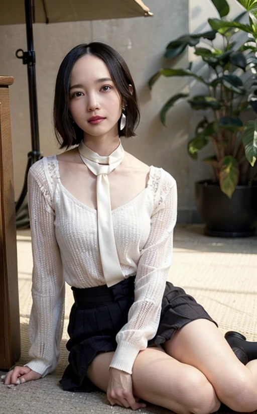 (RAW Photos, highest quality), (Realistic, photo-Realistic:1.3), masterpiece, Very delicate and beautiful, Very detailed, CG, Unity , 2k wallpaper, wonderful, In detail, A light smile, Very detailed CG Unity 8k wallpaper, Large file size, Very detailedな, High resolution, Abdominal musclesurdres, Soft Light, Short bangs, Floating Hair NovaFrogStyle, Beautiful detailed girl, Detailed fingers, Beautifully detailed nose, Beautiful fine details, Long eyelashes, Light on the face, View your viewers, (Mouth closed:1.2), Ayano Omoto, cute, Brown Hair, Brown eyes, young, Mature Face, (whole body:1), (Medium chest), Realistic face, Realistic body, Beautiful thigh details, Hot body, Large Breasts, (See-through clothing:1.3, on the road:1.5, Detailed city:1.5, Earrings:1.5, Pleated mini skirt:1.6, Tops with lace:1.5, Fluffy cardigan:1.6), Beautiful feet, Beautiful Eyes, Abdominal muscles, (Updo:1.5, hairpin:1.3), (lipstick:1.2, compensate:1.2), (White skin:1.5), noon, (Sexually suggestive:1.5), (Skin dents:1.5), sunlight, Sit with your legs wide apart, I can see her panties, (Bare waist:1.5, Top ties:1.5)
