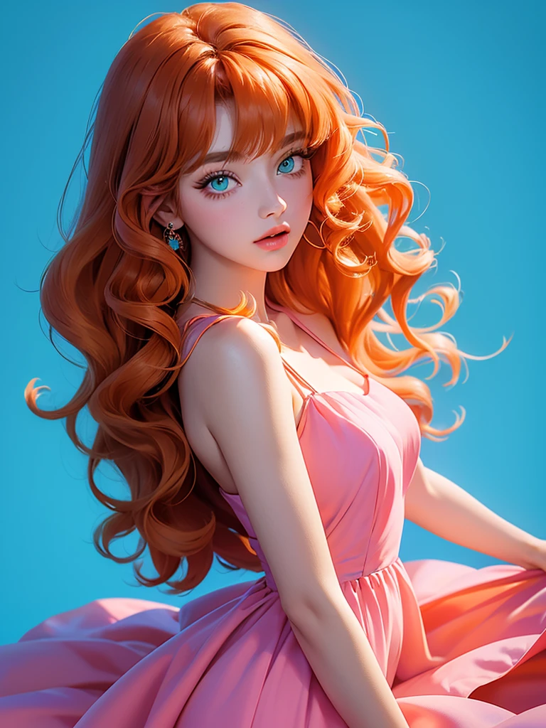 Best-Quality, Masterpiece, Ultra-High-Resolution, woman, 21 years old, ((long super curly hair)), long eyelashes, beautiful big green eyes, high details, 16k, looking at viewer, korean girl, orange hair, cute eyes, bangs, ((blue background)), pretty, princess, ((pink dress)), high angle, no skin showing