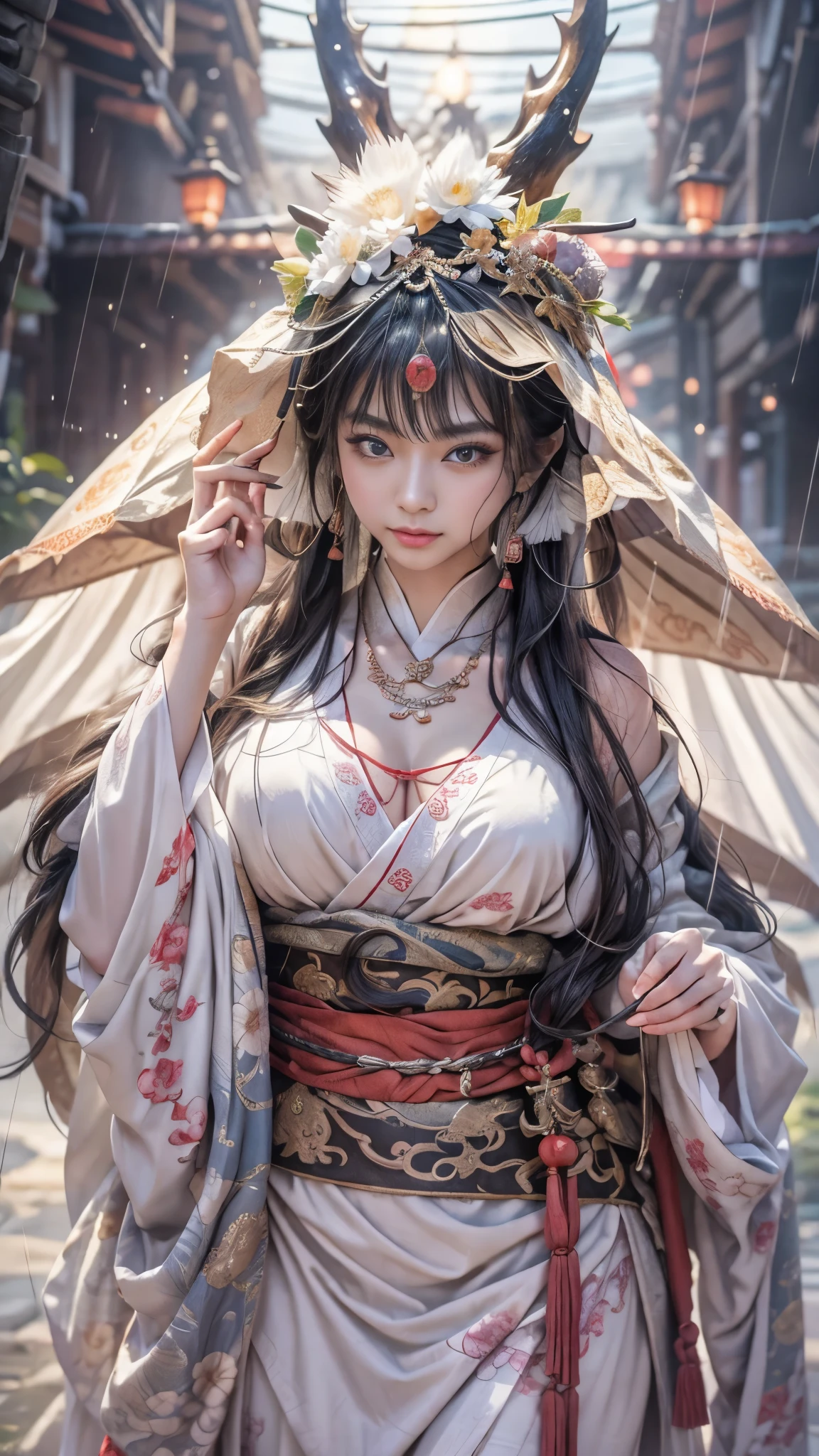 (Mysterious:1.3, 16k, highest quality, masterpiece, Ultra-high resolution), ((rain, From below)), Perfect dynamic composition:1.2, Very detailed肌と顔の質感:1.2, Professional camera work:1.1, Mysterious肖像画:1.1, Cinematic Light:1.1, Very detailed, (wonderful, tradition, Majestic), rainに濡れたスリムな女神, Incredibly slim body, Fair skin, Sexy beauty, Very beautiful face, Totally captivates you, (Dragon:1.0, Japanese Shrine Maiden Costume:1.0), (Shapely breasts, Chest gap), (Big eyes that exude beautiful eroticism, Lips that exude beautiful eroticism), Cowboy Shot, Calm pose, necklace, Earrings, bracelet, wonderful背景