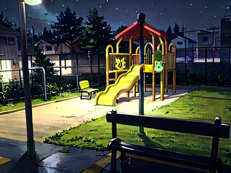 Night Park,Not popular,Small playground equipment,slide,bench,Residential area