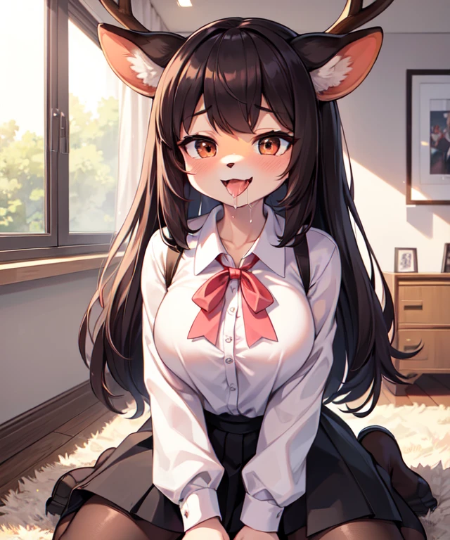 1girl, (anthro furry:1.2), TsunodaCzar, (two-toned fur, orange fur, black eyes, deer ears, horns, snout), (pink blouse, black skirt, smiling), (interior, office), (masterpiece:1.2), hires, ultra-high resolution, 8K, high quality, (sharp focus:1.2), clean, crisp, cinematic,White shirt、Open your mouth、、Ahegao、Stick out your tongue、Open your mouth wide、Kneeling、Drooling from the mouth、