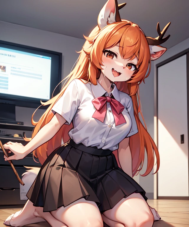 1girl, (anthro furry:1.2), TsunodaCzar, (two-toned fur, orange fur, black eyes, deer ears, horns, snout), (pink blouse, black skirt, smiling), (interior, office), (masterpiece:1.2), hires, ultra-high resolution, 8K, high quality, (sharp focus:1.2), clean, crisp, cinematic,White shirt、Open your mouth、、Ahegao、Stick out your tongue、Open your mouth wide、Kneeling、Drooling from the mouth、