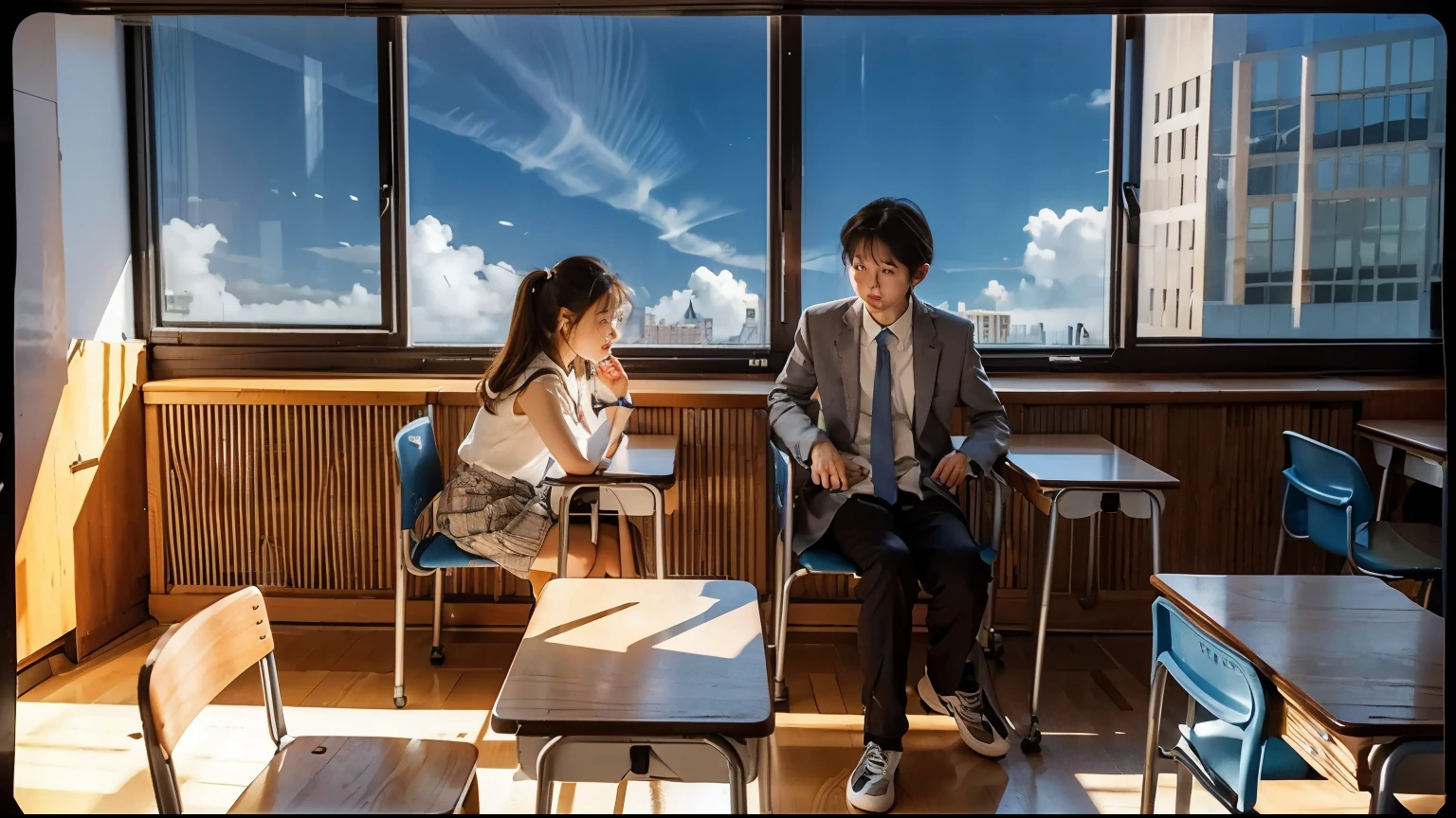 High school classroom,horizontal perspective,Backlight,There are huge floor-to-ceiling windows,There are many textbooks on the table,unmanned。There are blue sky and white clouds outside the window。The classroom is bright。There are no lights in the classrooms,Relatively dark。The tables are arranged in a regular pattern。A lot of books。