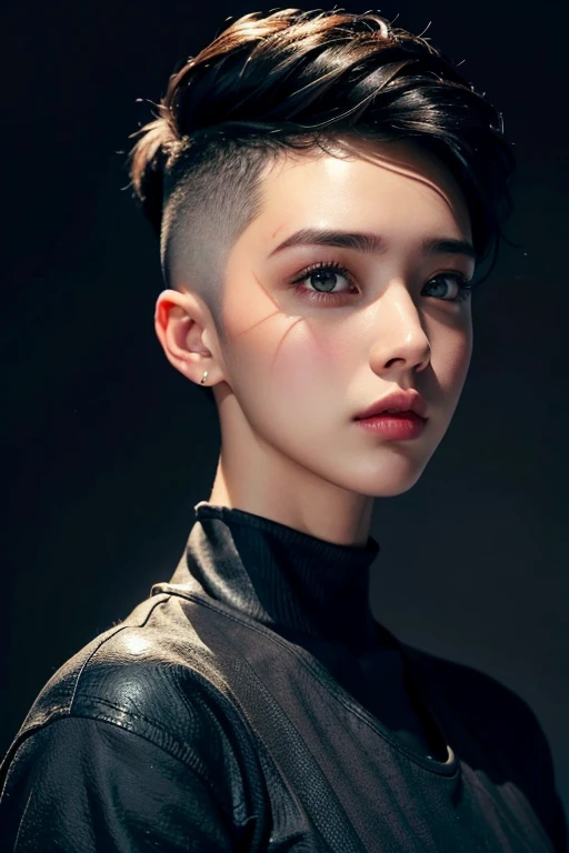 30-year-old woman、(High Top Fade:1.3)、Hair length、Dark Theme、Calm tone、Calm colors、High contrast、(Natural skin texture、Hyperrealism、Soft Light、sharp)、masterpiece, 最high quality, high quality, High resolution