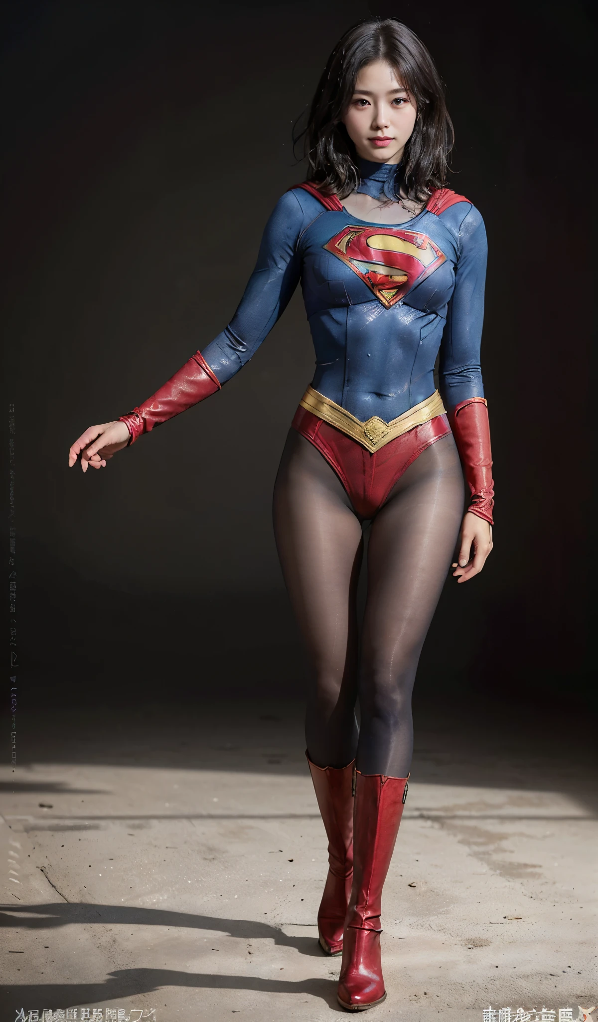 No background、(((Beautiful legs in black tights.)))、(((Legally express the beauty of your smile)))、((((Make the most of your original images)))、(((Supergirl Costume)))、(((Beautiful short bob hair)))、(((suffering)))、(((Please wear black tights....、Wear red boots)))、((Best image quality、8k))、((highest quality、8k、masterpiece:1.3))、(((Preserve background )))、Sharp focus:1.2、Beautiful woman with perfect figure:1.4、Slim Abs:1.2、Wet body:1.5、Highly detailed face and skin texture、8k