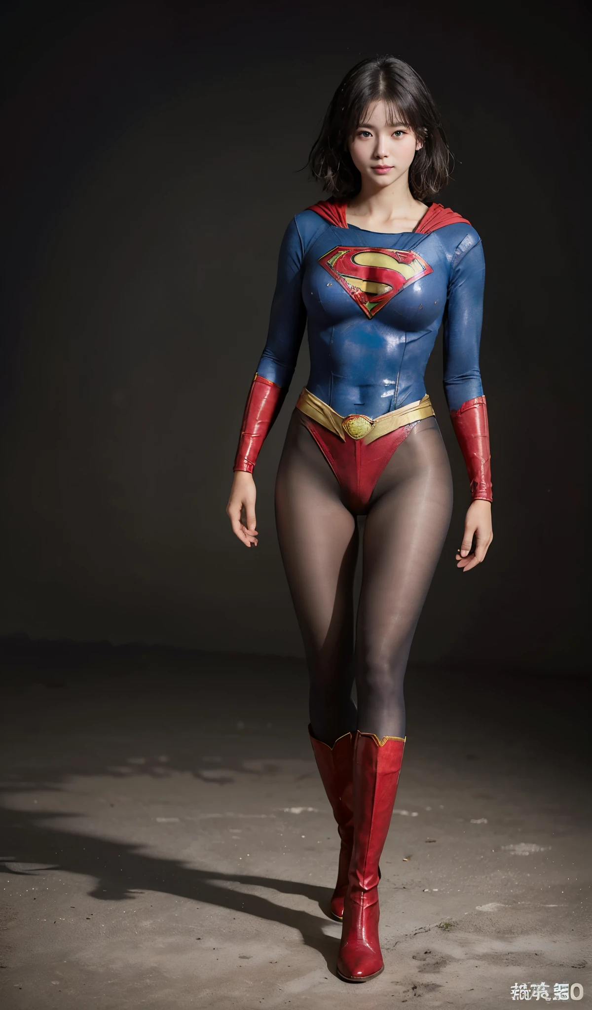 No background、(((Beautiful legs in black tights.)))、(((Legally express the beauty of your smile)))、((((Make the most of your original images)))、(((Supergirl Costume)))、(((Beautiful short bob hair)))、(((suffering)))、(((Please wear black tights....、Wear red boots)))、((Best image quality、8k))、((highest quality、8k、masterpiece:1.3))、(((Preserve background )))、Sharp focus:1.2、Beautiful woman with perfect figure:1.4、Slim Abs:1.2、Wet body:1.5、Highly detailed face and skin texture、8k