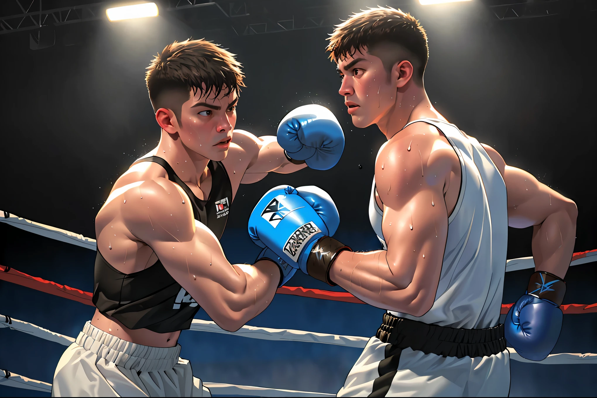 ,A boxer in a boxing ring,sweat,detailed muscle definition,power,intense,focus,boxing gloves,fast-paced,high adrenaline,concentration,(best quality,4k,8k,highres,masterpiece:1.2),ultra-detailed,(realistic,photorealistic,photo-realistic:1.37),HDR,UHD,studio lighting,professional,vivid colors