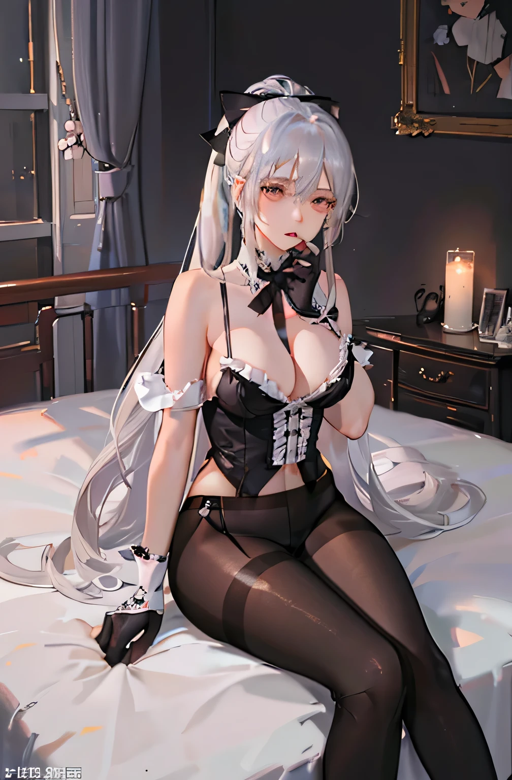 (((1 girl)),Ray Tracing,(Dim lighting),[Detailed Background (Bedroom)),((Silver Hair)),((Silver Hair)),(Fluffy Silver Hair, Plump and slender girl)) Raised ponytail)))) Avoid blonde eyes in the ominous Bedroom ((((Girls、She wears intricately embroidered black high-waisted pants and pantyhose.。) White frilly ribbon gloves), Showing off a delicate, slim figure and graceful curves, Correct limbs, Sitting on the bed、8K、Perfect female body、Red line clothes、8K、High quality、Naughty fashion、Big Breasts、Eros、Lingerie、Pink outfit、bikini