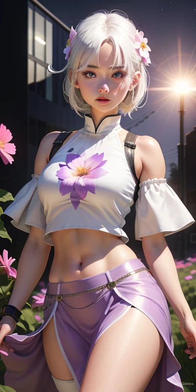 realistic, 1girl, white hair, purple eyes, glowing eyes, crop top, skirt, parted lips, blush, night, flowers, sun, sunlight,