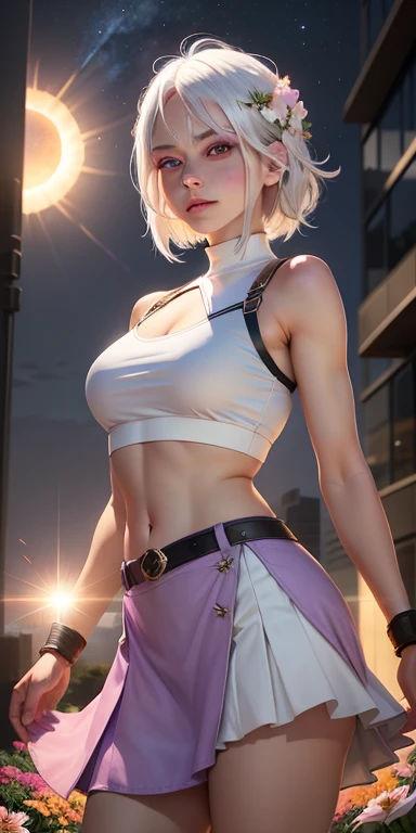 realistic, 1girl, white hair, purple eyes, glowing eyes, crop top, skirt, parted lips, blush, night, flowers, sun, sunlight,
