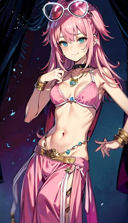 A smug narcissistic pink haired goddess wearing a pink bra and blue pants and lots of jewelry flaunting herself raping someone