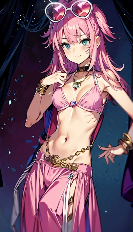 A smug narcissistic pink haired goddess wearing a pink bra and blue pants and lots of jewelry flaunting herself raping someone