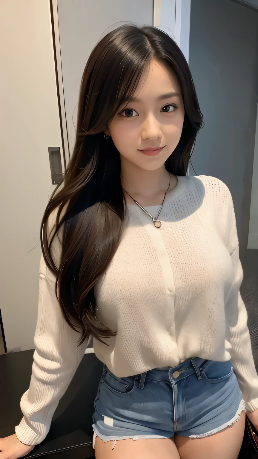 ((best quality, 8k, masterpiece :1.3)), 1 Girl, Beautiful woman,The focus is on plump abs: 1.3, whole body, (Long hair, Large Breasts: 1.2), Oversized vest: 1.2, Super delicate face, Delicateeyes, Double eyelids, Smile, Home, Clothes color random