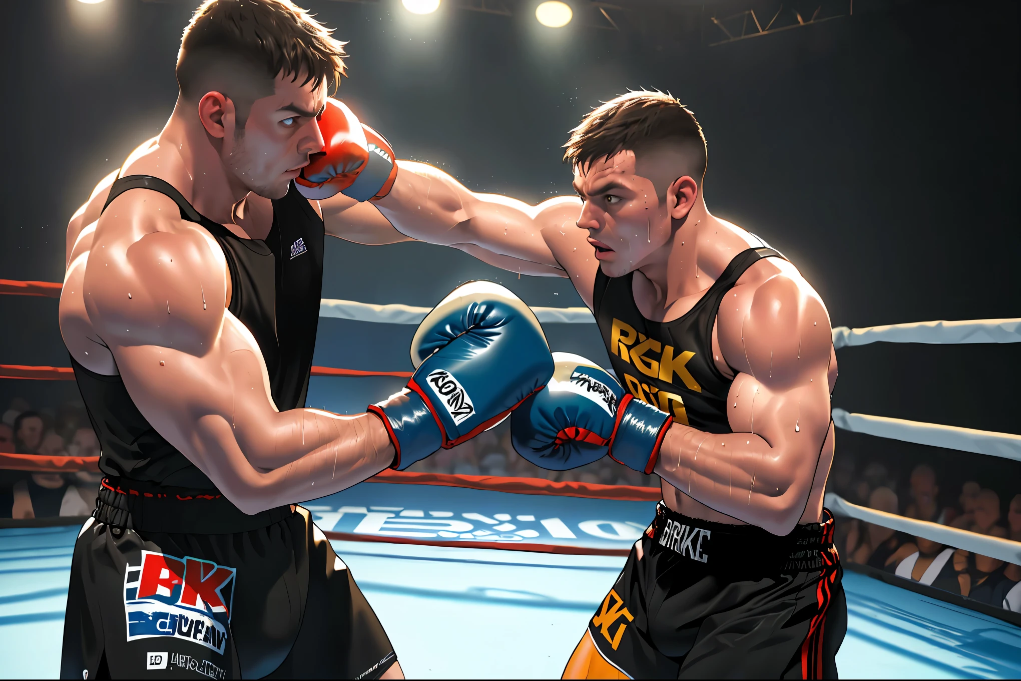 ,A boxer in a boxing ring,sweat,detailed muscle definition,power,intense,focus,boxing gloves,fast-paced,high adrenaline,concentration,(best quality,4k,8k,highres,masterpiece:1.2),ultra-detailed,(realistic,photorealistic,photo-realistic:1.37),HDR,UHD,studio lighting,professional,vivid colors