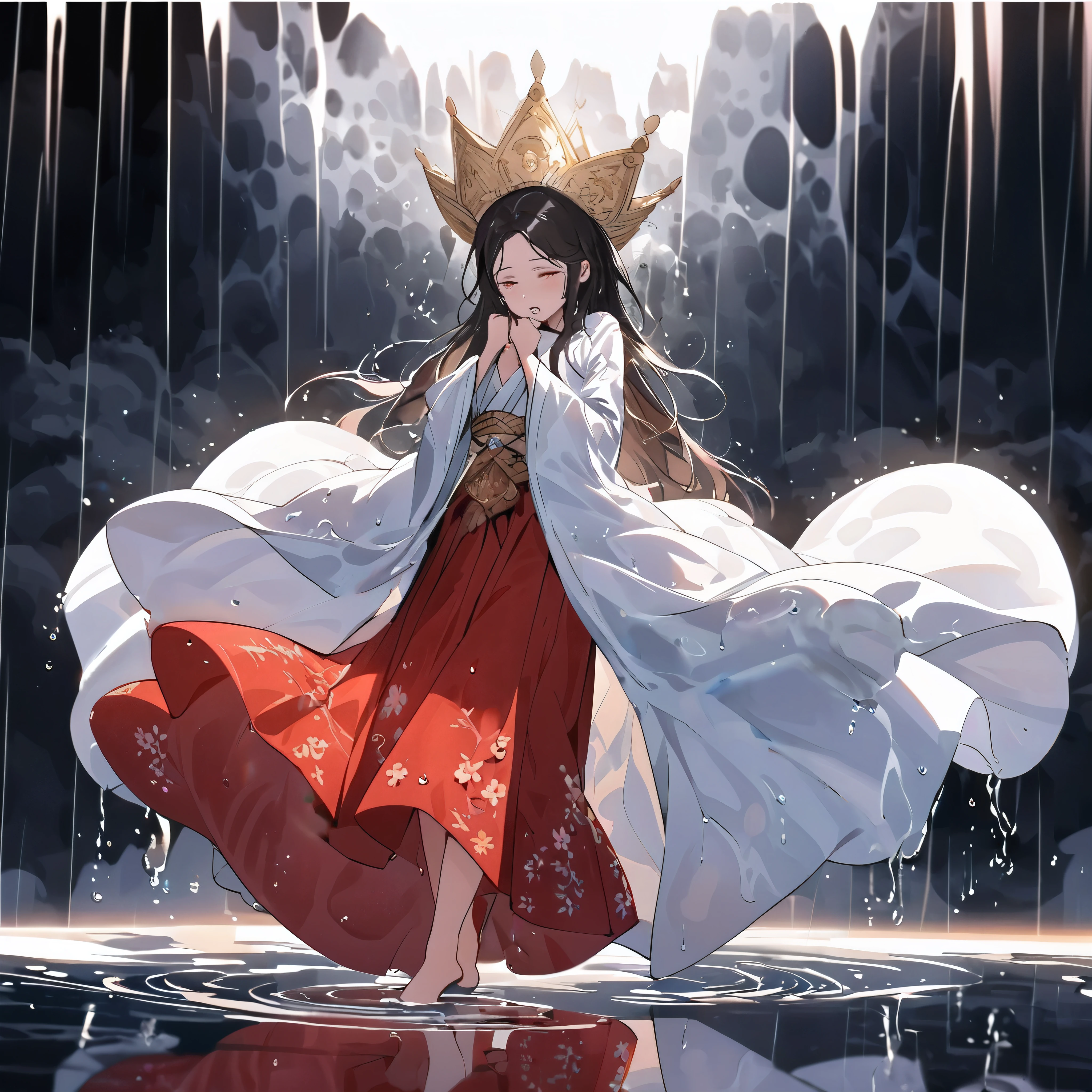 (the girl with the red dress, crown, and cloak) stands by the side of a fountain, her flowing long hair and robe adding to her ethereal appearance. The girl gracefully walks on the water's surface, her cape billowing behind her in the wind. She wears a beautiful white robe that enhances her presence in the scene. The atmosphere exudes a sense of wonder and magic. The girl is the queen of a mesmerizing fantasy world, a realm where imagination knows no bounds. Her garments are adorned with floating gemstones, adding a touch of enchantment to her already ethereal charm. The scene is depicted in a stunning anime art style, with intricate details and vibrant colors bringing the artwork to life. The color palette leans towards pastel hues, giving a dreamlike quality to the image. The lighting is soft and diffused, casting subtle shadows and giving a gentle glow to the surroundings. The overall image quality is of the highest caliber, with every detail meticulously rendered. The artwork exudes professionalism and mastery, showcasing the artist's talent in creating fantasy worlds.
