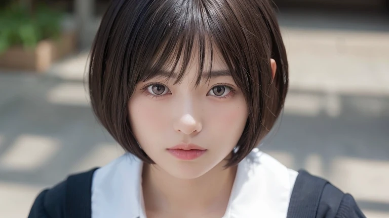 (Bob Cut Hair:1.2),(Wearing black school uniform:1.2),1 girl,Japanese,21 years old,(Small breasts:1.3),(highest quality,masterpiece:1.3,超A high resolution,),(Ultra-detailed,Caustics),(Photorealistic:1.4,RAW shooting,)Ultra-Realistic Capture,Very detailed,High resolution 16K human skin close-up。 Natural skin texture、,Pores、、It needs to be detailed enough to be easily identifiable。 Skin should be even-toned and healthy looking。 Use natural light and colour, Sad expression, Looking at the camera, Perfect dynamic composition, Outdoor