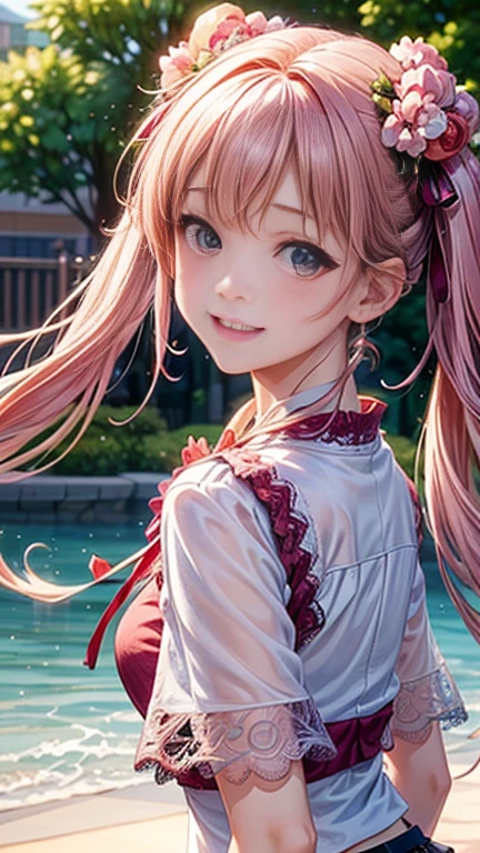 Anime girl with pink hair and a ribbon in her hair, Cute realistic portrait, 、Gweitz, Magical Girl Portrait, Cute Characters, Cute art style, Anime Moe Art Style, MapleStory character art, cute portrait, Cute Anime Girl Portrait, Small person portrait, artwork in the style of Gweitz, Splash Art Anime ,((green、red lace blouse、See-through、See-throughのワンピースの水着、White mini skirt))、long hair twin tails、bird、Wind、smile、Embarrassed face、Embarrassing