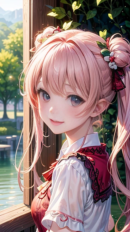 Anime girl with pink hair and a ribbon in her hair, Cute realistic portrait, 、Gweitz, Magical Girl Portrait, Cute Characters, Cute art style, Anime Moe Art Style, MapleStory character art, cute portrait, Cute Anime Girl Portrait, Small person portrait, artwork in the style of Gweitz, Splash Art Anime ,((green、red lace blouse、See-through、See-throughのワンピースの水着、White mini skirt))、long hair twin tails、bird、Wind、smile、Embarrassed face、Embarrassing