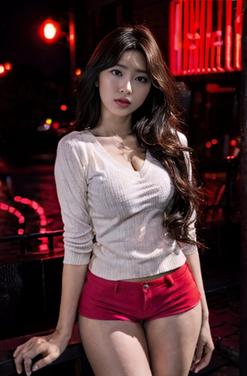 Lady, pose seductively to the viewer, alone:1, throw, Beautiful thick thighs,
Red Light District Background, Long Hair, 3/4 bodies, V-neck mini hot shorts
