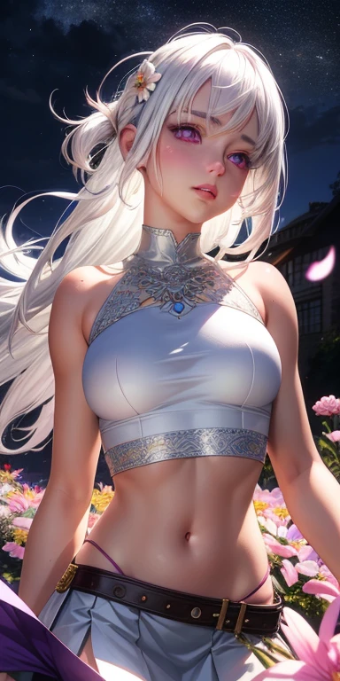 realistic, 1girl, white hair, purple eyes, glowing eyes, crop top, skirt, parted lips, blush, night, flowers, sun, sunlight,