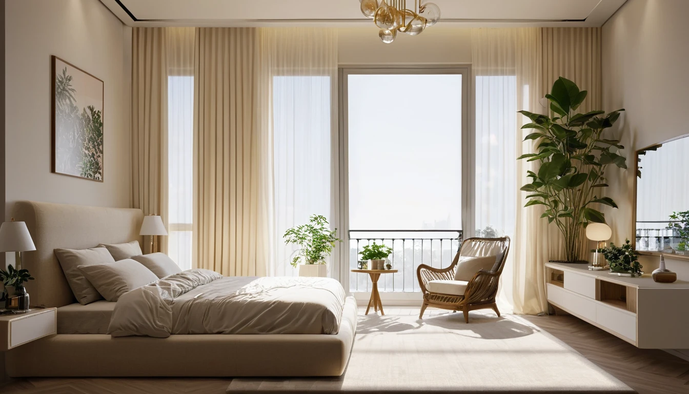 Best quality，masterpiece，chiaroscuro, ray tracing, 8k, award winning，Interior design，+unmanned，Cream Style，bedroom，Advanced Plants，curtain，carpet，(((1 bed)))，daytime，Sunlight