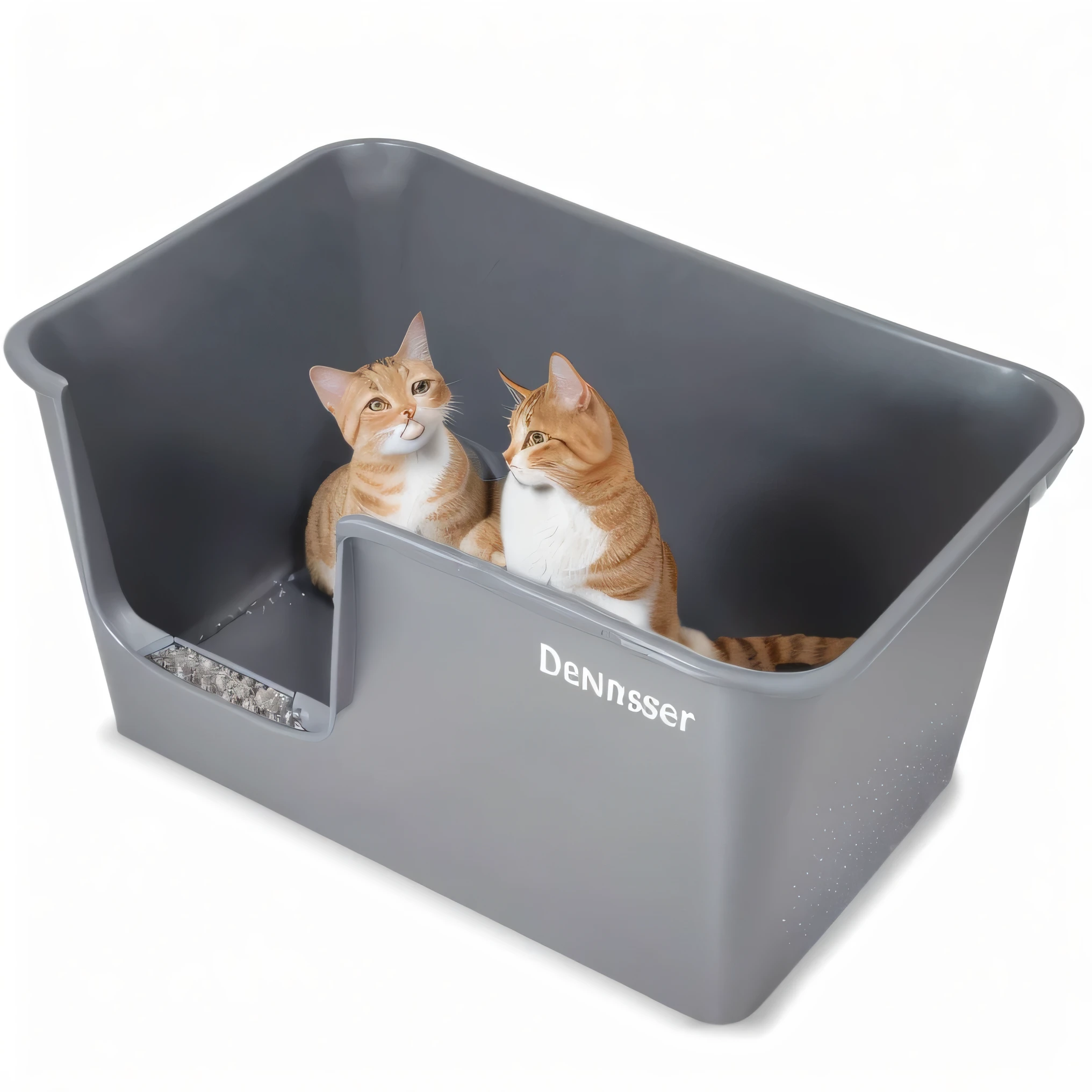 Two cats sitting in a gray litter box，There is a sign on the cat litter box, High-quality images, official product photo, Denoisingd, High-quality images, Domestic, Denoising, Official product images, Product introduction photos, High quality details, product photo, high quality product photo, Luxury, There&#39;s a full bedpan next to him, High-quality images on clear backgrounds, Bottom Angle, beginner, Official product photo, Box, A big one, symmetry, High-quality images, The cutest, [ Realistic photos ]!!, Product introduction photos, twin, Domestic, Official product images, the best, High-quality product photos,