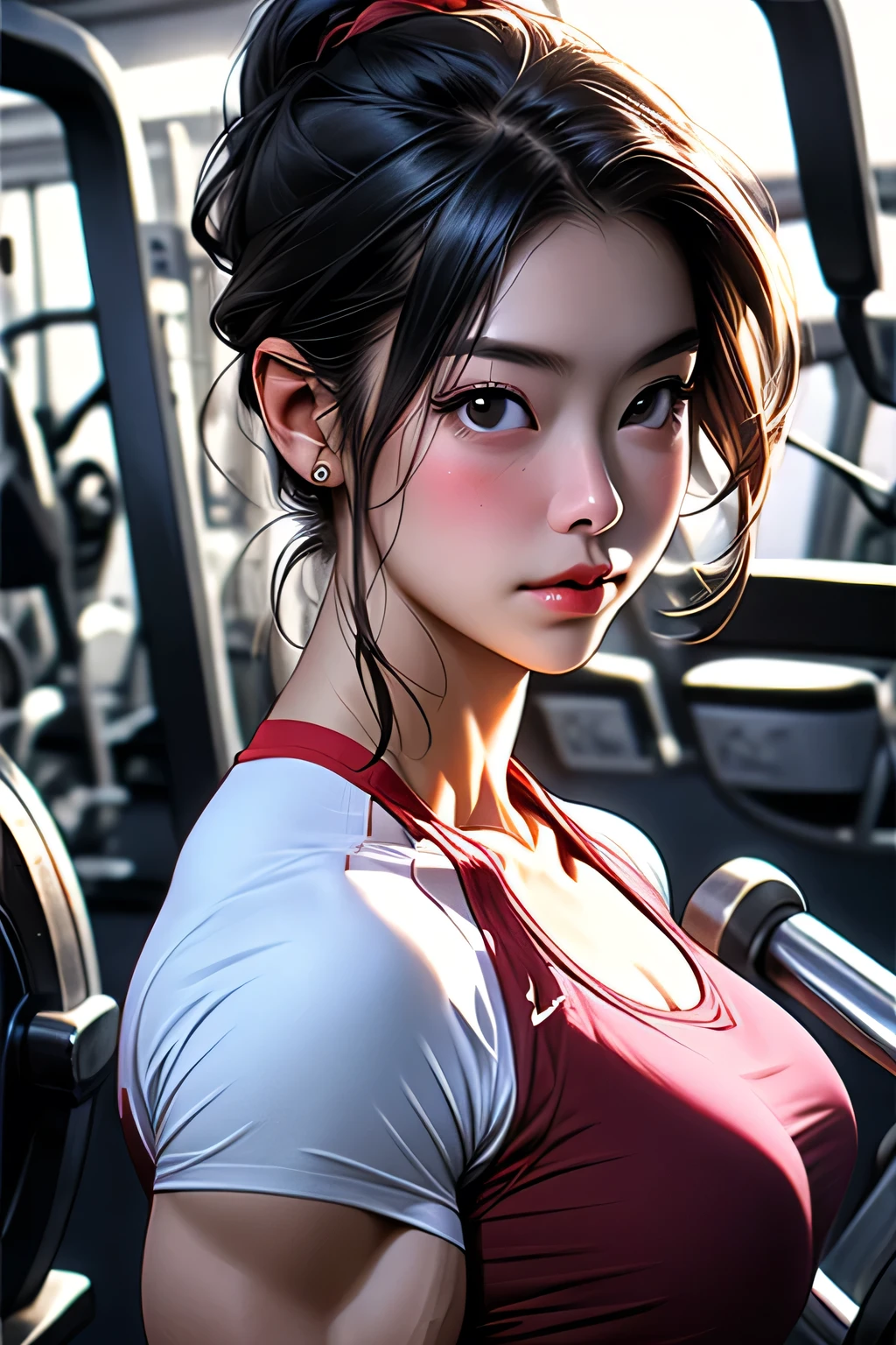(woman:1.2) (bodybuilder:0.8)、masterpiece、Real、The point of view is this、At the gym、Upper body portrait、masterpiece, 最high quality, high quality, High resolution,