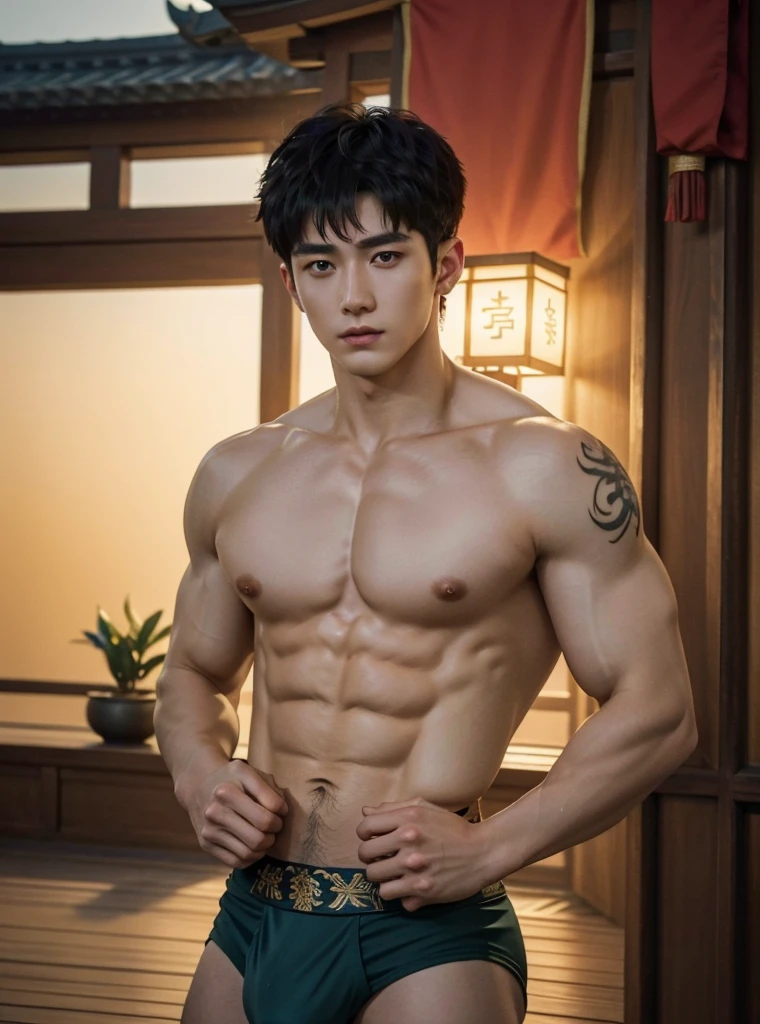 Chinese Men God, Mythology, Chinese odyssy, Handsome, , Toplecles, Athlete body, Full Frame, Sexy, Profesal Lighting, Hanfu Outfit, Chinese Heaven Background, Bulge Underneathe Underwear, Sexy big bulge, fu Warrior, Hanfu God, Hanfu Male, Hanfu Nobel, Seduce, Sex Appeals, Alafaran shirtless carrying a backpack, muscular body, handsome, manly, inspirite by Zhang Han, Cai Xukun, Kim Do-young, Inspired by Bian Shoumin, Inspired by Xiao Yuncong, yihao ren, yanjun cheng, jinyiwei, inspired by Huang Gongwang, xintong chen, Jacket, wearing japanese loincloth,nice butts, Tattoo chest, to hands, tattoo arms, tattoo belly, clear studio light, night ancient chinese Buddh temple background, detailed background, fantasy Chinese themed, the best resolution, 8k, Ultra fullHD, look at the viewer, catching eyes,