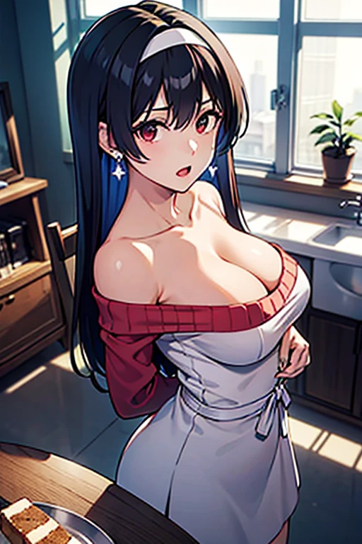 masterpiece, yor, 1girl, Amazing :1.3, thin waist, big ass, Rai sexy, mediureast: 1.8 poeavage:1.2、solo, lt viewer, o mouth, have a cup of orange juce,black hair, red eyes, dress, bare shoulders, jewelry, collarbone, sidelocks, hairband, earrings, indoors, off shoulder, :o, sweater, arms behind back, plant, short hair with long locks, white hairband, off-shoulder dress, sweater dress, off-shoulder sweater, red sweater, big side hair, very long side hair,is rendered in (masterpiece: 1.2, best quality), with (ultra high resolution) and an exquisite (depth of field). This masterpiece is not only visually stunning but also tells, make of cake cooking ,in the kitchen