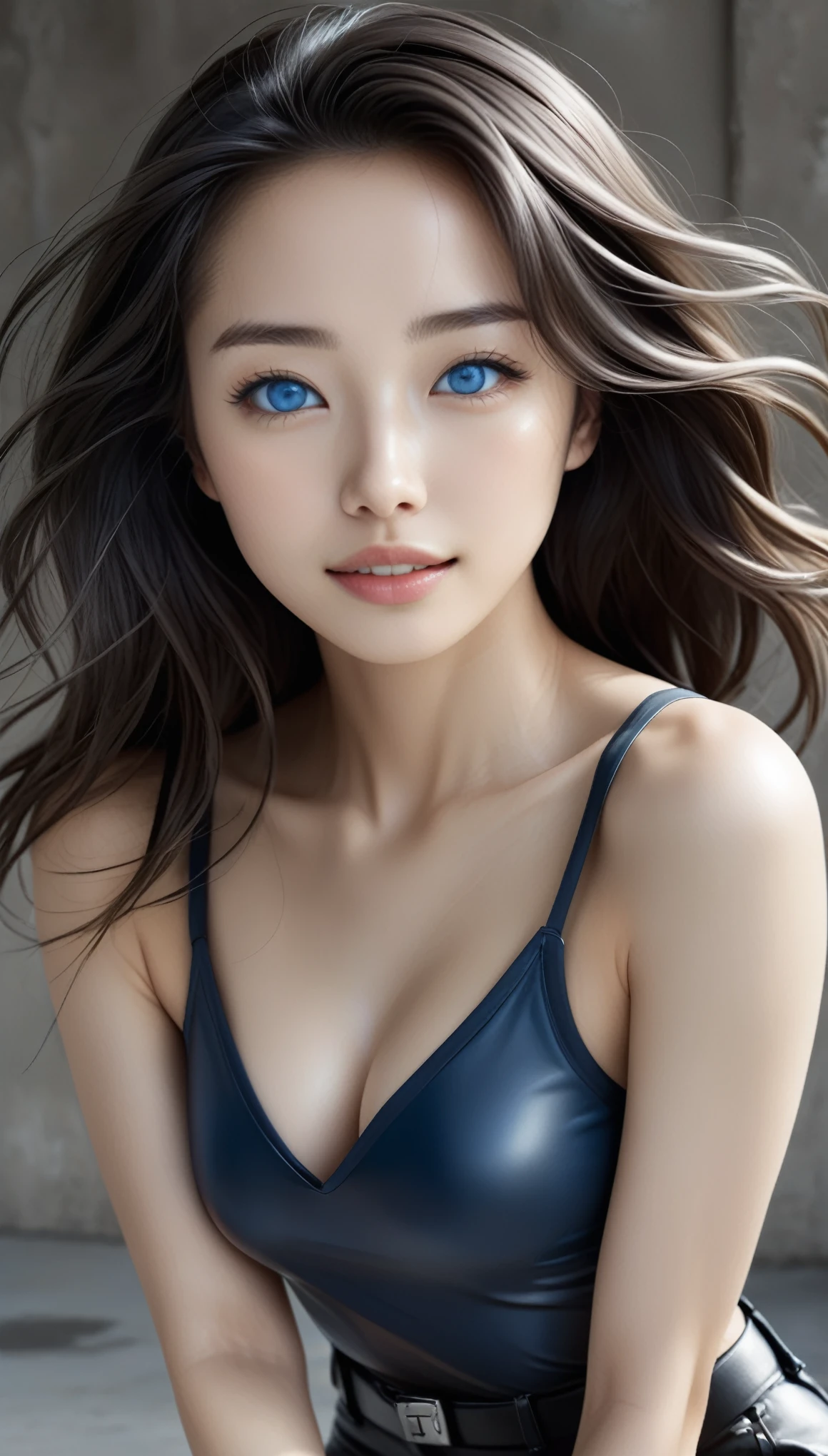 (masterpiece, highest quality、software:1.8),1 girl, alone, realistic, realistic, looking at the viewer, light brown eyes, Brunette short bob hair with highly detailed shiny hair, short bob hair:1.6、Whity, lips, bangs, closed mouth,happy smile、 Upper body、Big eyes、eyelash、((Very simple blue background:1.8))、(((short hair with bangs、Big eyes、big and full chest、look at the audience、beautiful beauty、show me your ears、long neck、smile、please close your mouth and smile)))、ideal body proportions、{Huge|big|huge|mega} chest, cleavage:2
