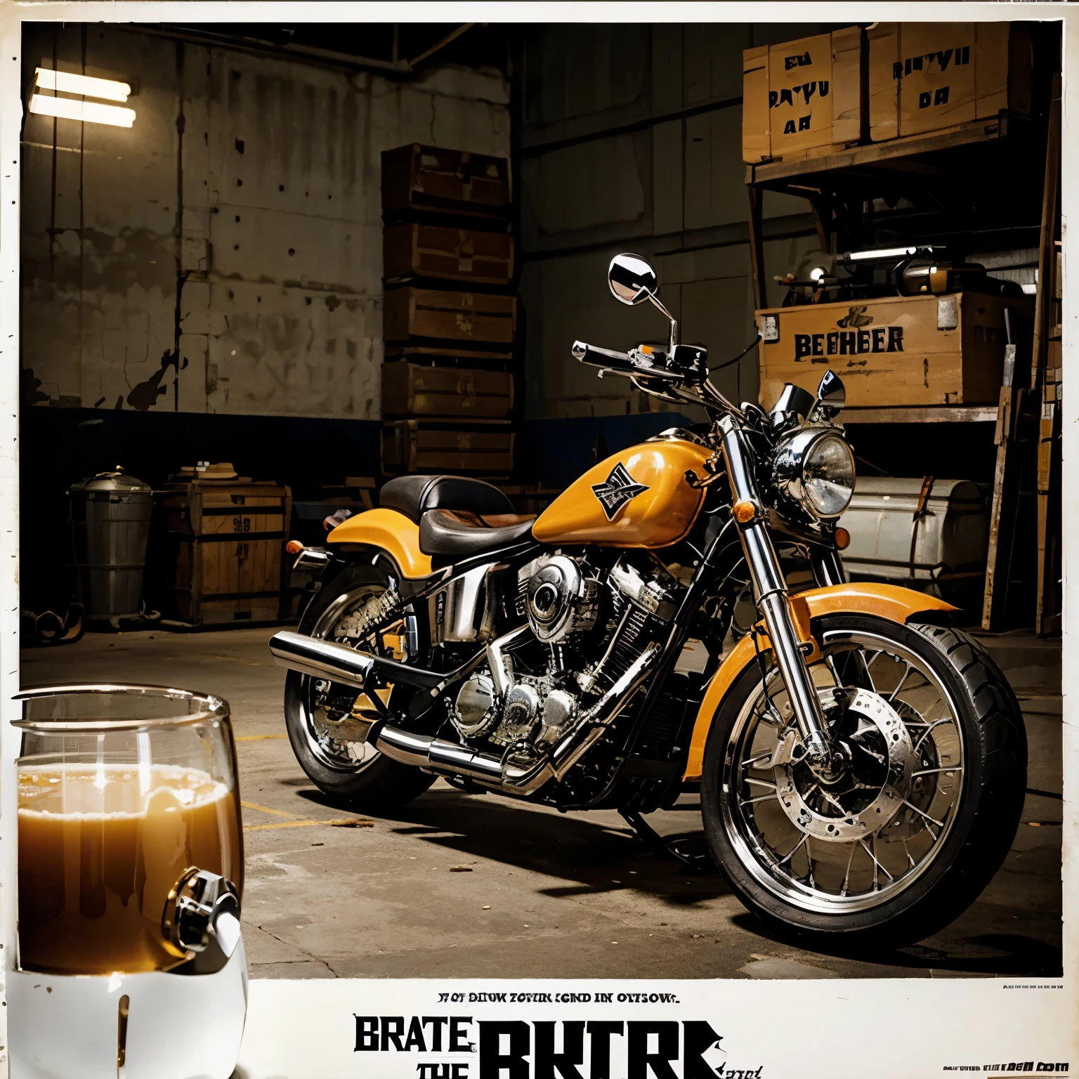 CREATE AN 80'S STYLE POSTER WITH GUN AND CHOPPER MOTORCYCLES, ON THE POSTER WRITE: BATIST BREW RIDERS