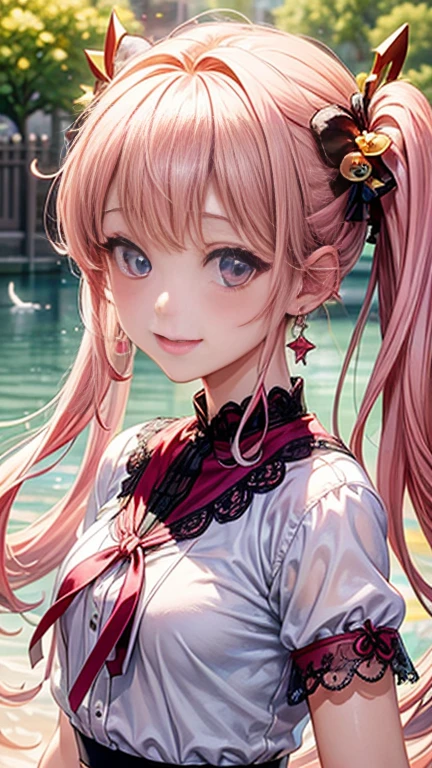 Anime girl with pink hair and a ribbon in her hair, Cute realistic portrait, 、Gweitz, Magical Girl Portrait, Cute Characters, Cute art style, Anime Moe Art Style, MapleStory character art, cute portrait, Cute Anime Girl Portrait, Small person portrait, artwork in the style of Gweitz, Splash Art Anime ,((green、red lace blouse、See-through、See-throughのワンピースの水着、White mini skirt))、Cute Earrings、long hair twin tails、bird、Wind、smile、Embarrassed face、Embarrassing