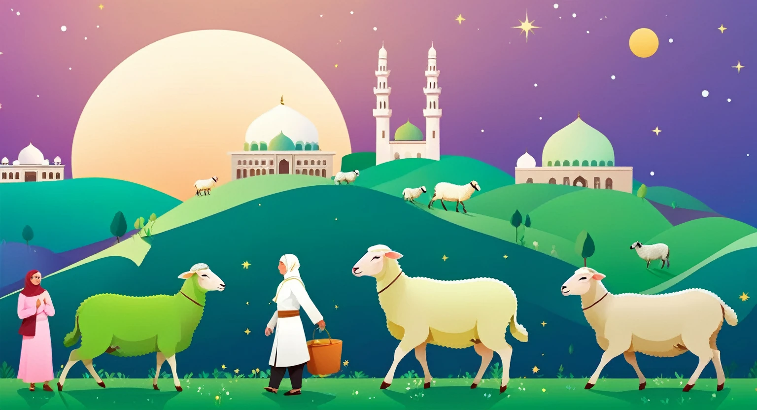 Eid al-Adha,Indonesian people leading sheep,Green lawn, moon,mosque,Light starry sky background, Flat illustration style,animal, Adopts 2D game art style, Fresh and healing, editorial illustration, Zeiss Batis 18mm f/2.0/2.8