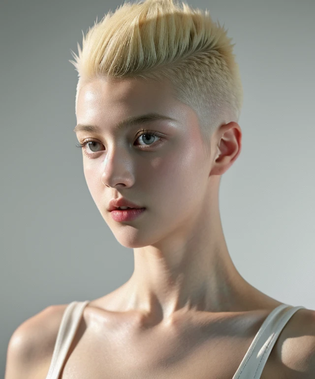 20-year-old woman, blonde, (High Top Fade:1.3), Dark Theme, Calm tone, Calm colors, High Contrast, (Natural skin texture, Hyperrealism, Soft Light, sharp)