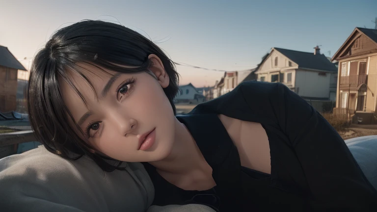 (Masterpiece:1.3), (8K, Realistic, Raw Image, Best Quality: 1.4), (1Girl), Beautiful Face, (Realistic Face), (Black Hair, Short Hair:1.3), Beautiful Hairstyle, Realistic Eyes, Eyes Beautifully detailed, (realistic skin), beautiful skin, (jacket), absurdity, cute, very high resolution, very realistic, very detailed, golden ratio, in the background, destroyed houses