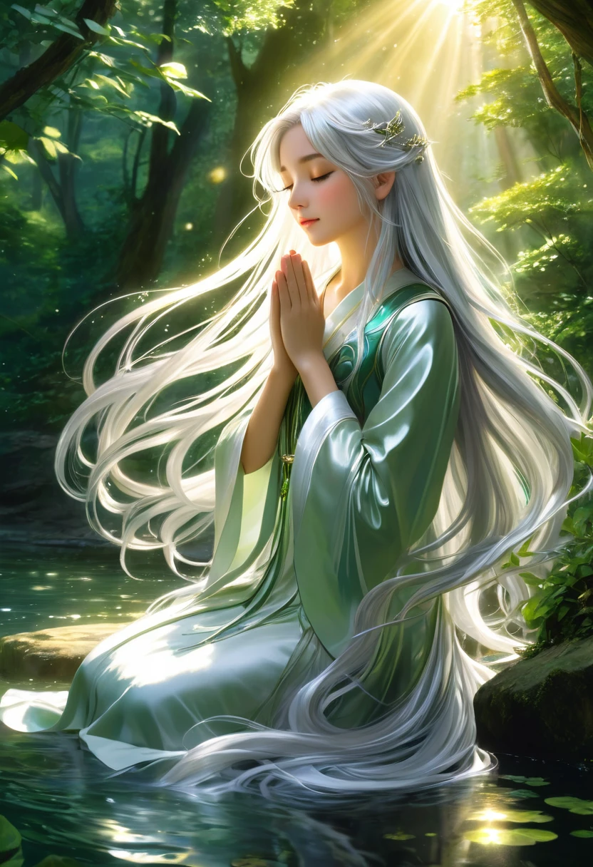 This scene depicts an anime/illustration girl with shiny and wonderful silver hair. The girl's long hair is silver.
Girls are divine beings like angels (the silver-haired angel) and goddesses (the silver-haired goddess).
The girl lives in a lush green forest and a clear waterside.
The divine golden light spilling through the gaps in the leaves illuminates the girl's profile, illuminating her elegant features and delicate hair, creating a tranquil atmosphere. A beautiful girl is depicted with long, shiny hair flowing in a noble and enchanting way that reflects the light. To pray to God, the girl closes her eyes and silently joins her hands in prayer. The girl's expression shows her desire for peace and harmony.